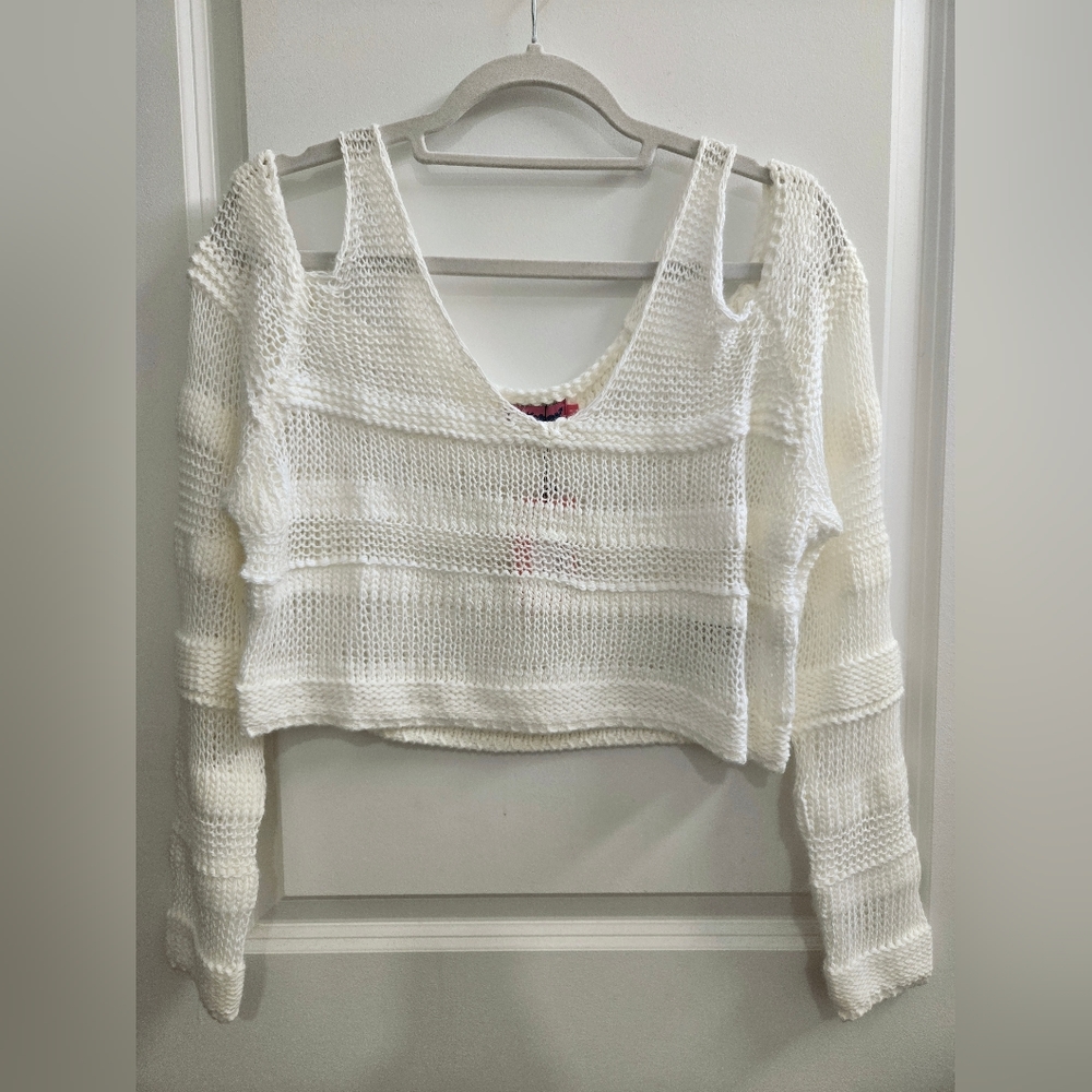 Edikted Textured Knit Open Shoulder Striped Beachy Cotton Sweater - Size S (NWT)